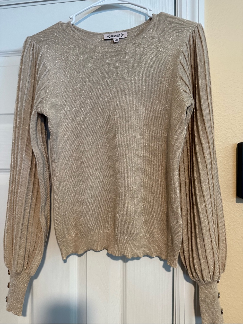 Nanette Lepore Metallic champagne Pleated-Sleeve Crewneck Sweater